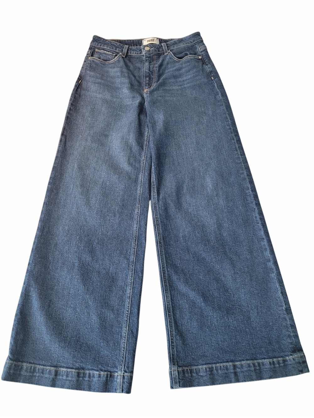 ✅ PAIGE Harper High-Rise Wide Leg Jeans in Classic Blue Wash wide hem size 28